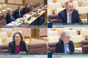 Composite image from an ACT National Preventive Mechanism (NPM) public forum. Three speakers are shown in separate panels speaking from a parliamentary hearing room with desks, microphones and seating visible. Name captions and official hearing graphics appear on screen, and the ACT National Preventive Mechanism logo is displayed in the bottom-right corner against a blue background.